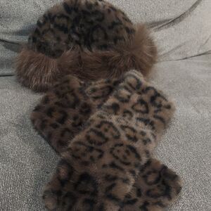 Leopard Print Faux Fur Hat and Scarf Set